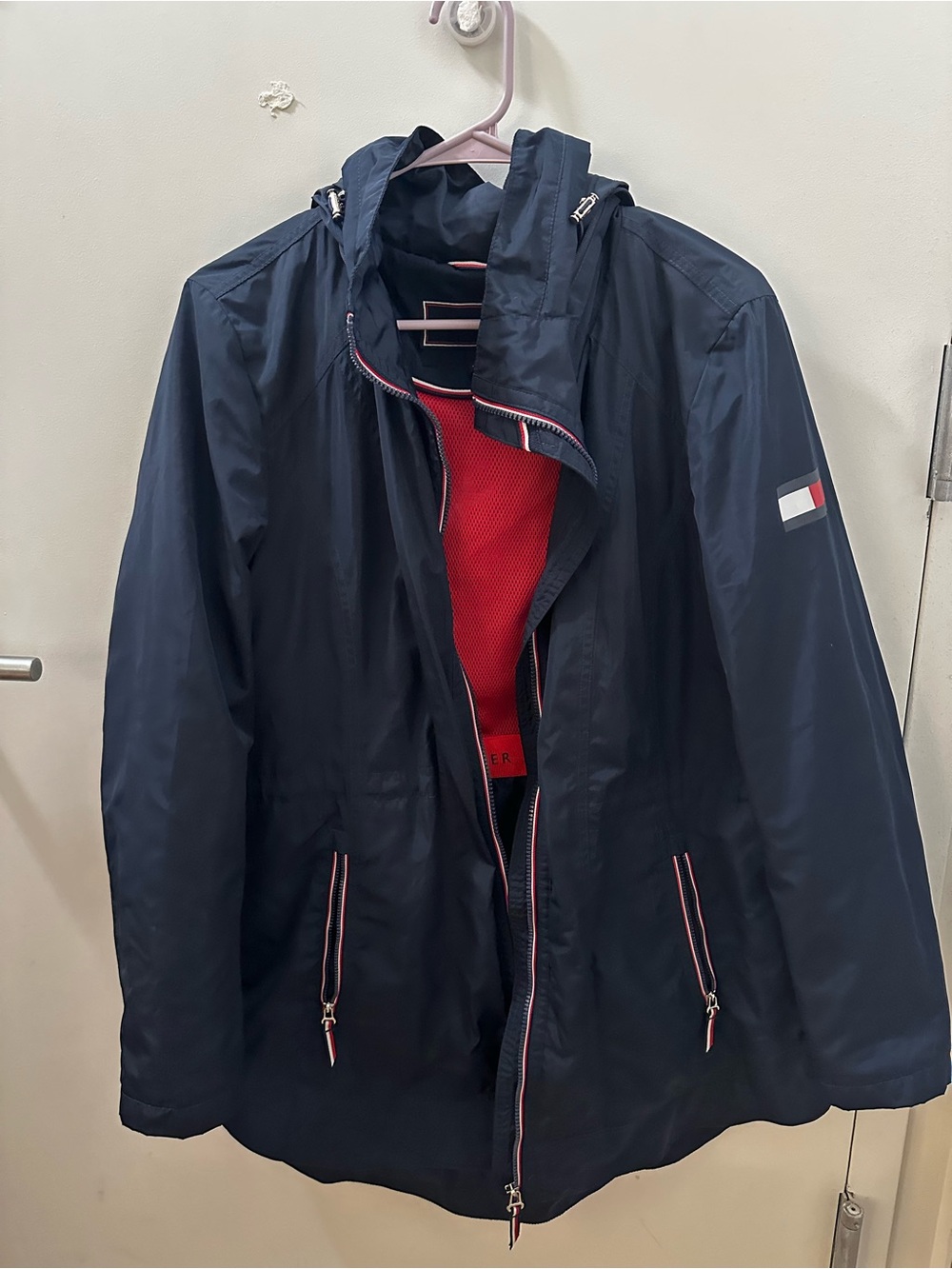 Tommy Hilfiger Navy Hooded Raincoat with Red Lining